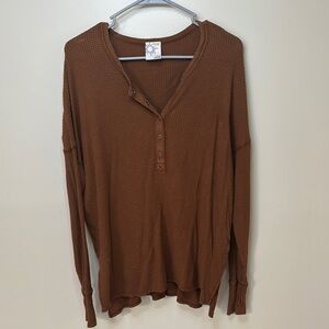 Brown Waffle Knit Henley Top